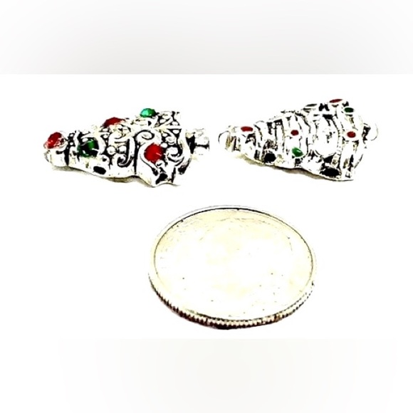 Silver Red Green Rhinestone Enamel Christmas Tree 2 Hole Slider Beads Lot of 8 - Picture 3 of 4